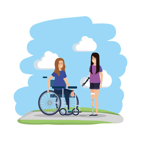 young woman in wheelchair with female helper vector illustration designの販売画像