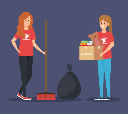 girl with boxes donation and broom with trash bag vector illustrationのイラスト素材
