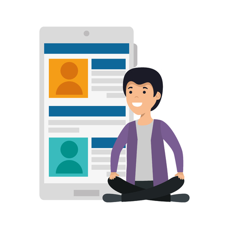 young man in lotus position with smartphone vector illustration designのイラスト素材