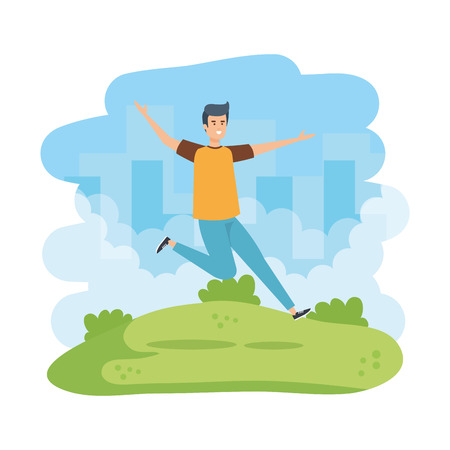 young man celebrating in the park vector illustration designのイラスト素材