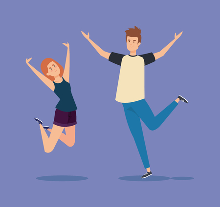 girl and boy jumping with casual clothes and hands up vector illustrationのイラスト素材
