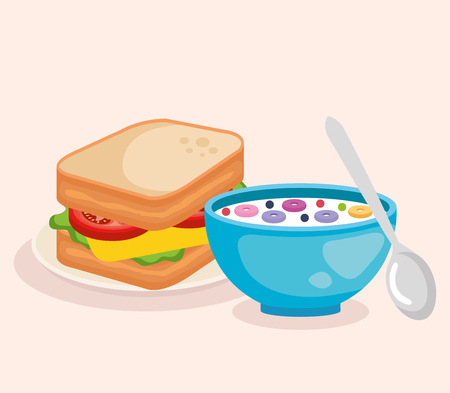 cereal with spoon and delicious sandwich breakfast vector illustrationのイラスト素材