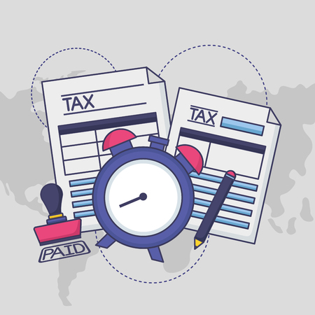 clock papers pencil report paid stamp tax payment vector illustrationのイラスト素材