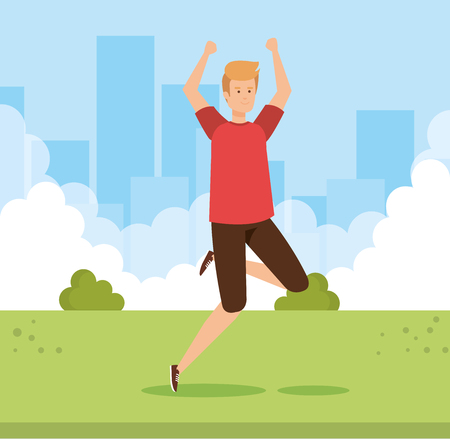 happy man jumping with blouse and short vector illustrationのイラスト素材