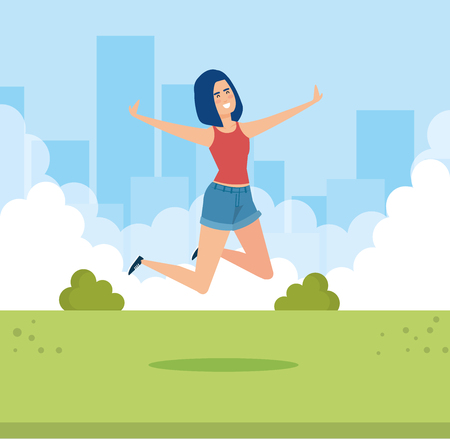 woman jumping in the park with blouse and short vector illustrationのイラスト素材