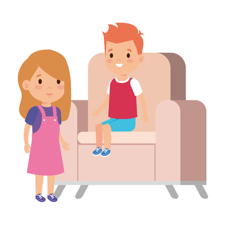 little kids couple sitting in sofa vector illustration designのイラスト素材