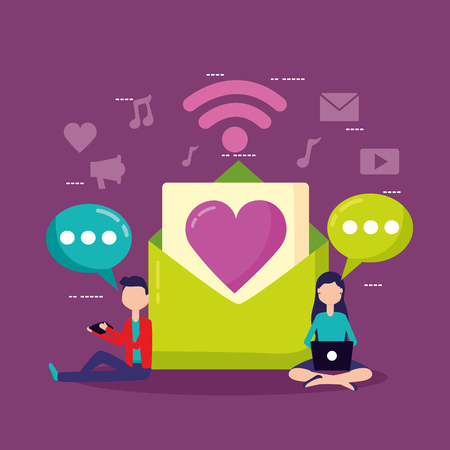 man and woman mobile email love romance social media vector illustrationのイラスト素材