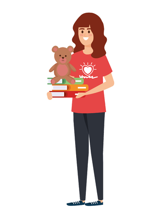 woman volunteer with books and bear teddy vector illustration designのイラスト素材