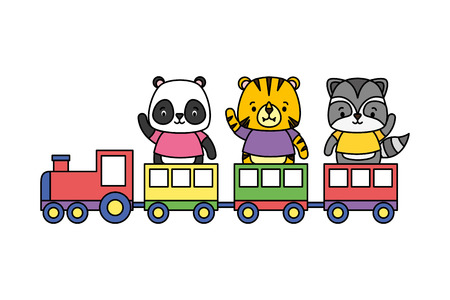 cute panda tiger raccoon animals train toy vector illustrationのイラスト素材