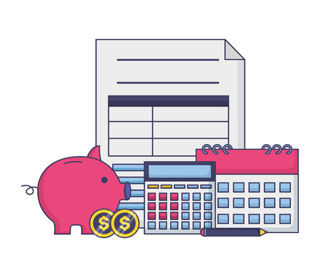 tax payment document piggy bank money coins calendar calculator vector illustrationのイラスト素材