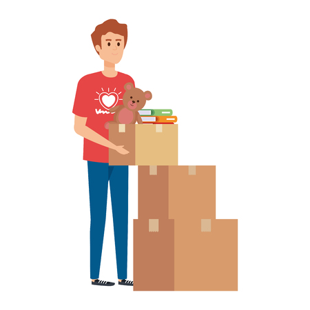 young man volunteer with donations boxes vector illustration designのイラスト素材