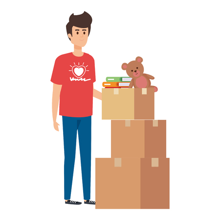 young man volunteer with donations boxes vector illustration designのイラスト素材