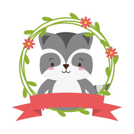 cute raccoon cartoon sticker flowers vector illustration designのイラスト素材