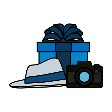 giftbox and camera with elegant hat vector illustration designのイラスト素材