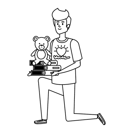 man volunteer with books and bear teddy vector illustration designのイラスト素材