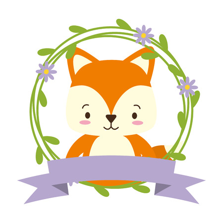 cute fox cartoon sticker flowers vector illustration designのイラスト素材