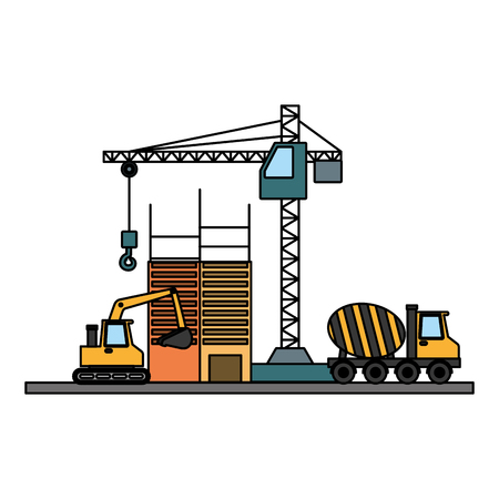 building construction bulldozer mixer truck crane tools vector illustrationのイラスト素材