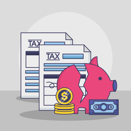 broken piggy bank coins documents tax payment vector illustrationのイラスト素材
