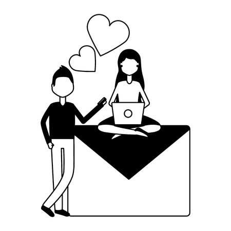 man and woman mobile email love romance social media vector illustrationのイラスト素材