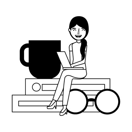 woman with laptop sitting on books with eyeglasses coffee cup vector illustrationのイラスト素材