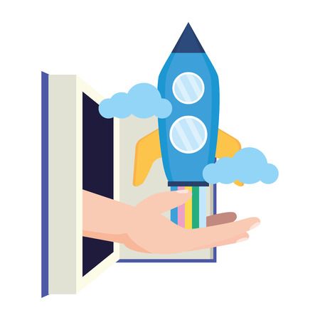 open book hand with rocket - world book day vector illustrationのイラスト素材