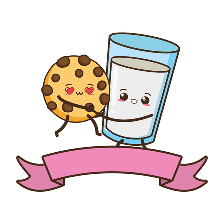 kawaii cookie and milk cartoon vector illustrationのイラスト素材