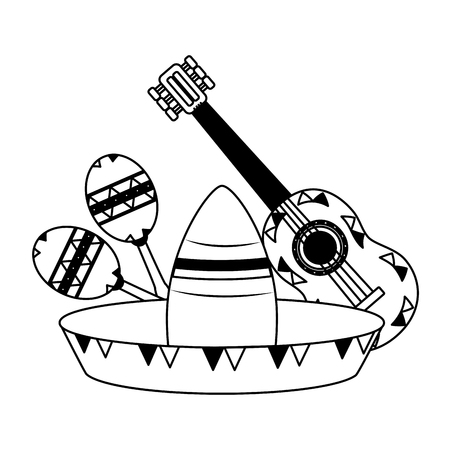 hat guitar maracas mexico cinco de mayo vector illustrationのイラスト素材