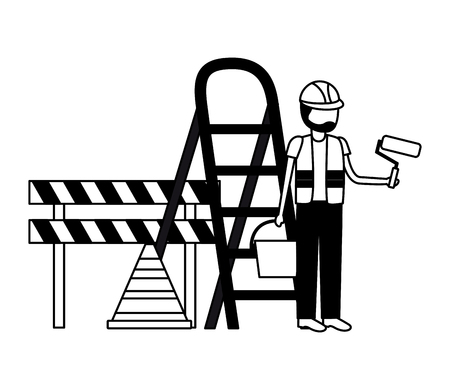 worker roller paint barricade stairs tool construction vector illustrationのイラスト素材