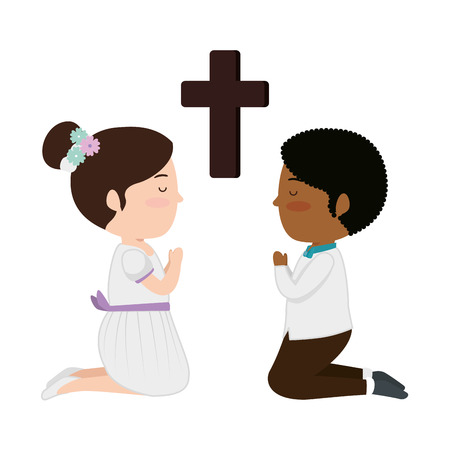 little kids kneeling with cross first communion vector illustration designのイラスト素材