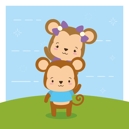 cute couple monkey animal cartoon vector illustration designのイラスト素材