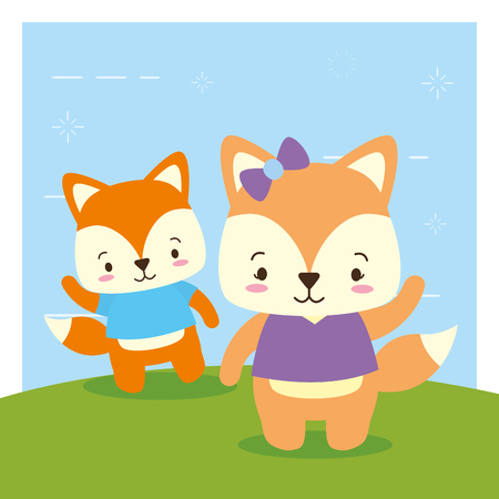 cute couple fox animal cartoon vector illustration designのイラスト素材