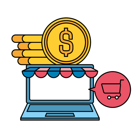 laptop computer with coins and shopping cart vector illustration designのイラスト素材