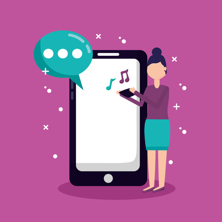 woman using mobile music social media vector illustrationのイラスト素材