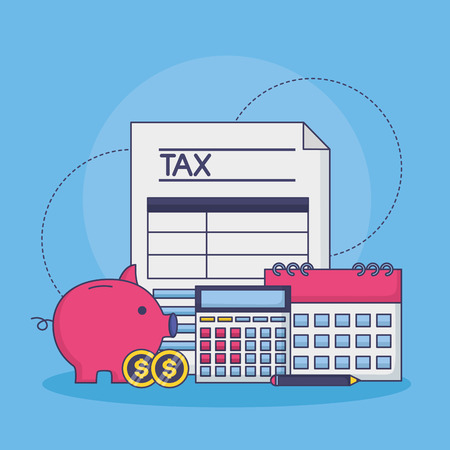 tax payment document piggy bank money coins calendar calculator vector illustrationのイラスト素材
