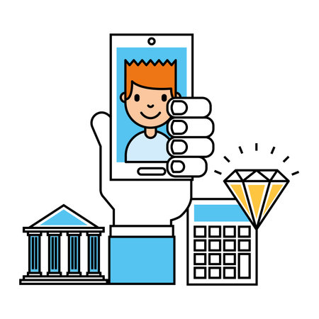 hand with mobile people bank calculator treasure business investment vector illustrationのイラスト素材