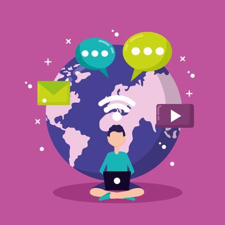 man using laptop world messages social media vector illustrationのイラスト素材