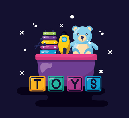 kids toys bucket with bear rocket  xylophone cubes vector illustrationのイラスト素材