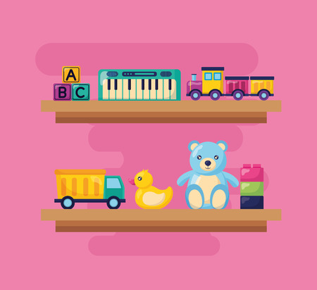 piano train bear duck truck blocks shelf kids toys vector illustrationのイラスト素材