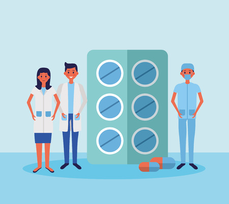 medical people staff doctor with capsules packaging vector illustrationのイラスト素材