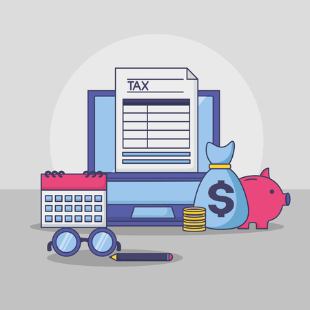 laptop money bag piggy bank calendar form tax payment vector illustrationのイラスト素材