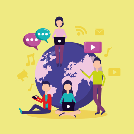 people world laptop mobile message social media vector illustrationのイラスト素材