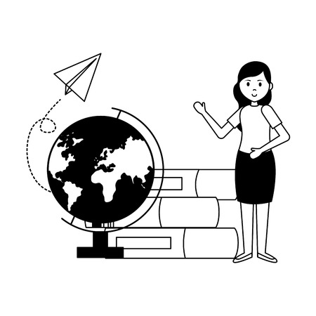 woman with school globe books paper plane teachers day card vector illustrationのイラスト素材