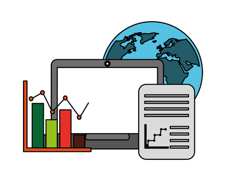 laptop computer with graphic statistic and set icons vector illustration designのイラスト素材