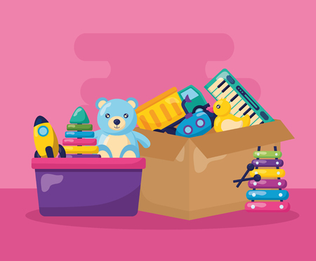 bear rocket pyramid truck duck submarine on cardboard box kids toys vector illustrationのイラスト素材