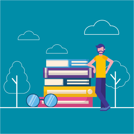 man world book day stacked books and eyeglasses vector illustrationのイラスト素材
