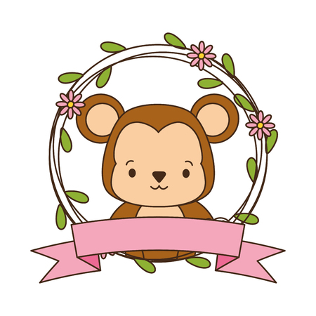 cute monkey cartoon sticker flowers vector illustration designのイラスト素材