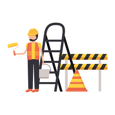 worker roller paint barricade stairs tool construction vector illustrationのイラスト素材