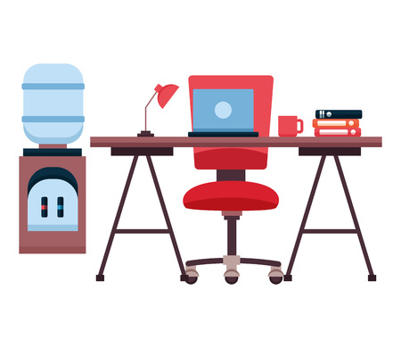 desk laptop chair water dispenser books coffee cup workplace office furniture vector illustrationのイラスト素材