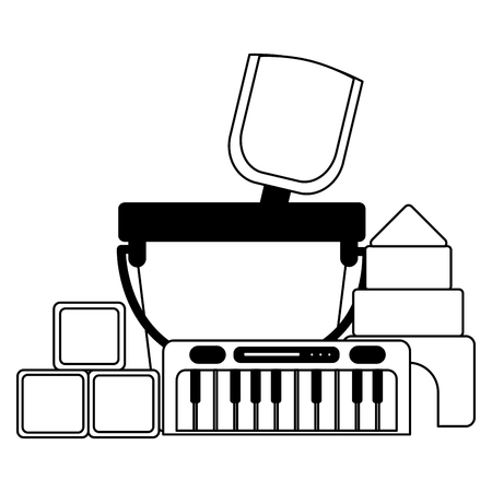 kids toys bucket shovel piano cubes castle puzzles vector illustrationのイラスト素材