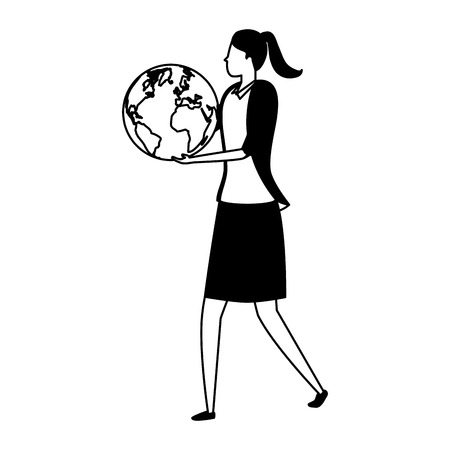 business woman character with world on white background vector illustrationのイラスト素材